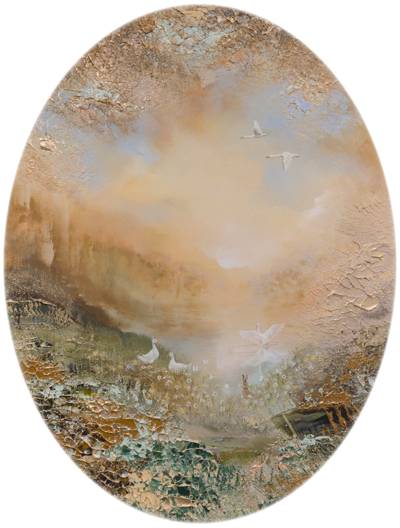 Semi-abstract original painting of a meadow beside a pond with white birds, wildflowers and a misty landscape.