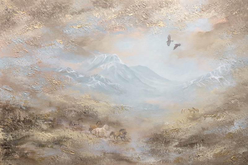 Semi-abstract original painting of a misty mountain landscape with wild horses roaming beneath snow-covered peaks.