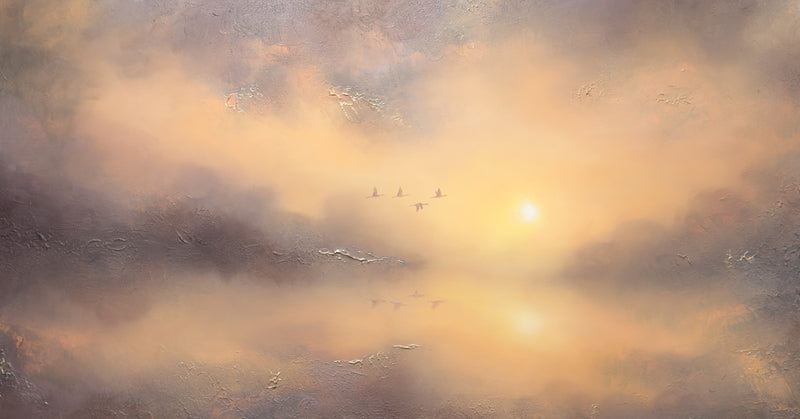 Semi-abstract original painting of a peaceful lake reflecting a glowing sunset beneath soft clouds.