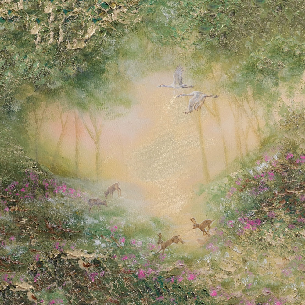 Semi-abstract fine art print of a fairy-tale forest with blooming flowers, rabbits, deer and birds in flight.