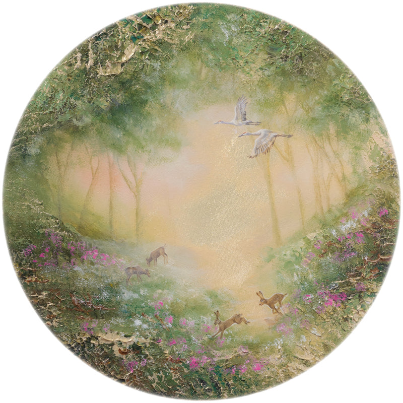 Semi-abstract original painting of a fairy-tale forest filled with flowers and animals such as rabbits, deer and birds in flight.
