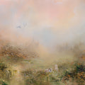 Fine art print of a semi-abstract meadow featuring rabbits beneath a soft pastel sky.