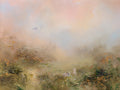 Fine art print of a semi-abstract meadow featuring rabbits beneath a soft pastel sky.