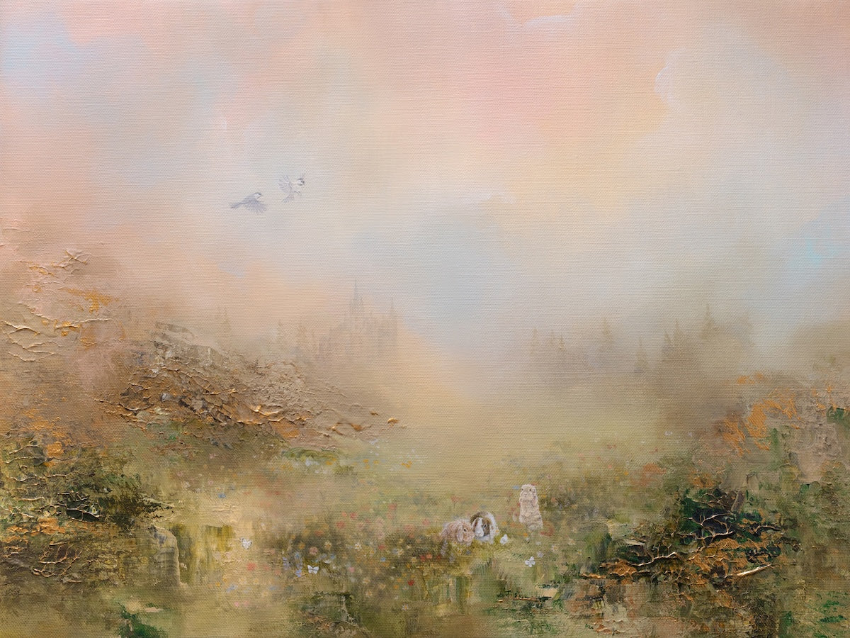 Fine art print of a semi-abstract meadow featuring rabbits beneath a soft pastel sky.