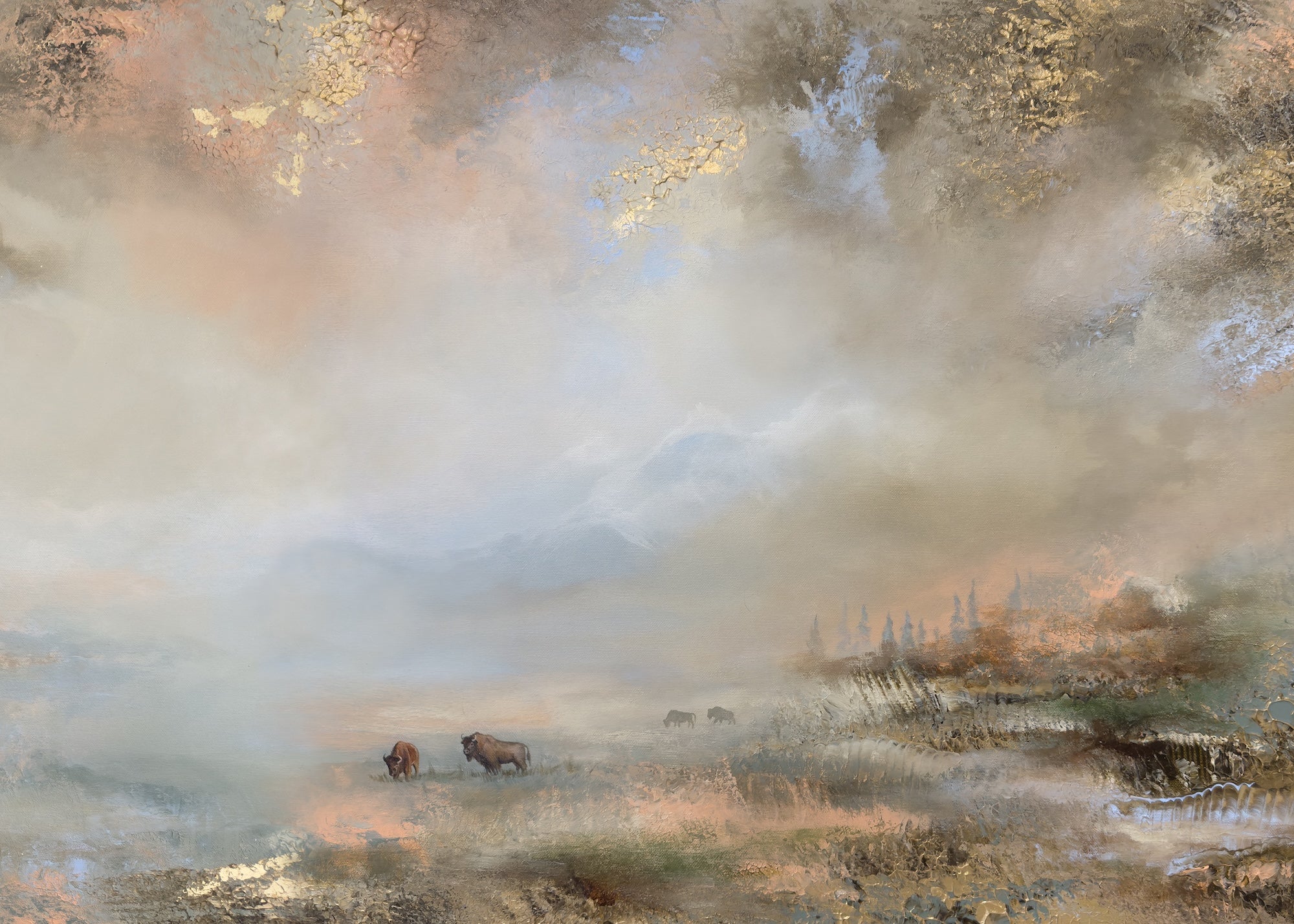Landscape-format fine art print highlighting the right side of a semi-abstract mountain landscape with grazing wildlife.