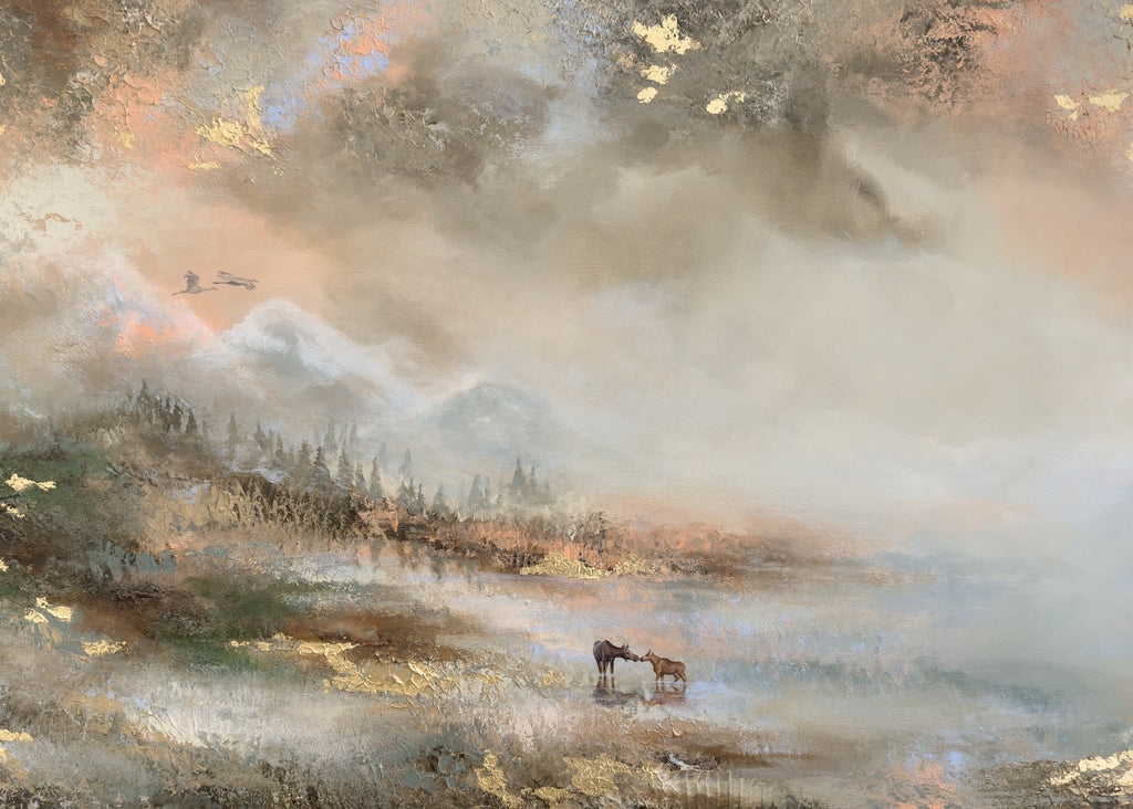 Landscape-format fine art print highlighting the left side of a semi-abstract mountain landscape with grazing wildlife.