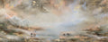 Fine art print of a semi-abstract mountain landscape featuring mist, calm water and grazing wildlife.