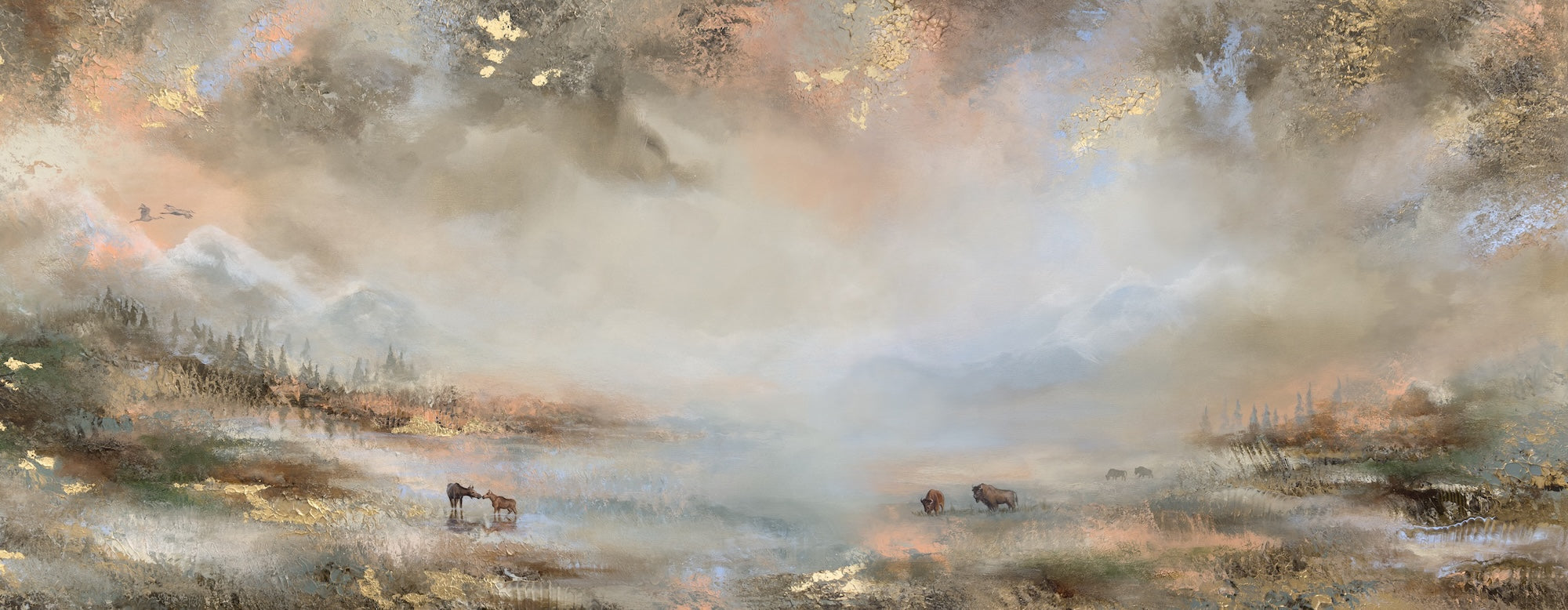 Fine art print of a semi-abstract mountain landscape featuring mist, calm water and grazing wildlife.