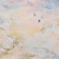 Semi-abstract fine art print of a pastel sky with swallows flying among glowing clouds.