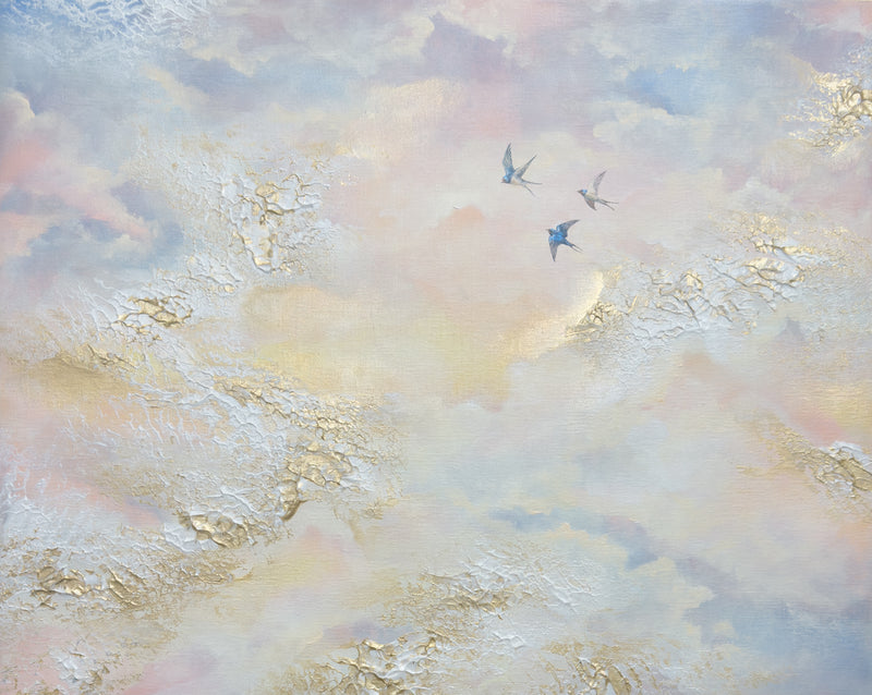 Semi-abstract original painting of a pastel sky with swallows flying among glowing clouds.