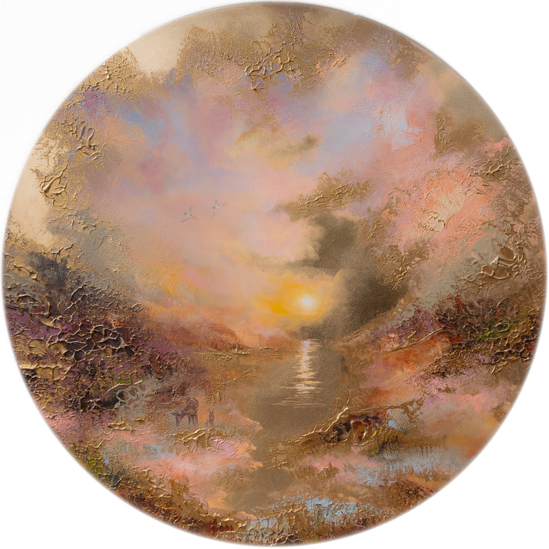 Semi-abstract painting of a soft sunset with soft pastel colors and deers.