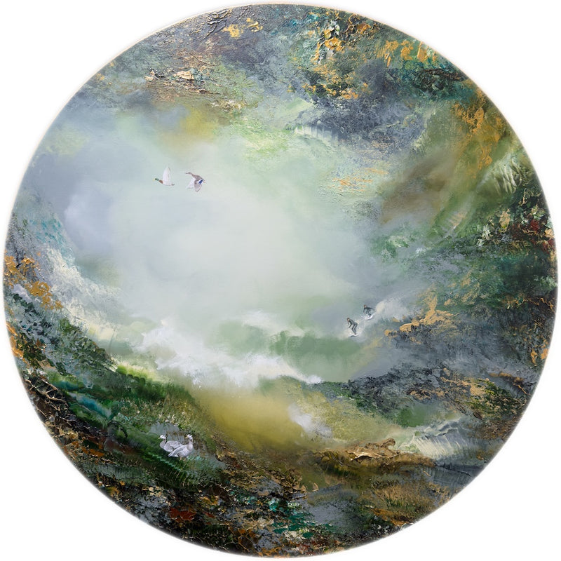 Semi-abstract original painting of the Eisbach river with surfers surrounded by lush green nature.