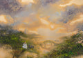 Fine art print of a semi-abstract fantasy landscape featuring a woman in a white dress, a tranquil lake, swans and a distant castle beneath a glowing sunset.