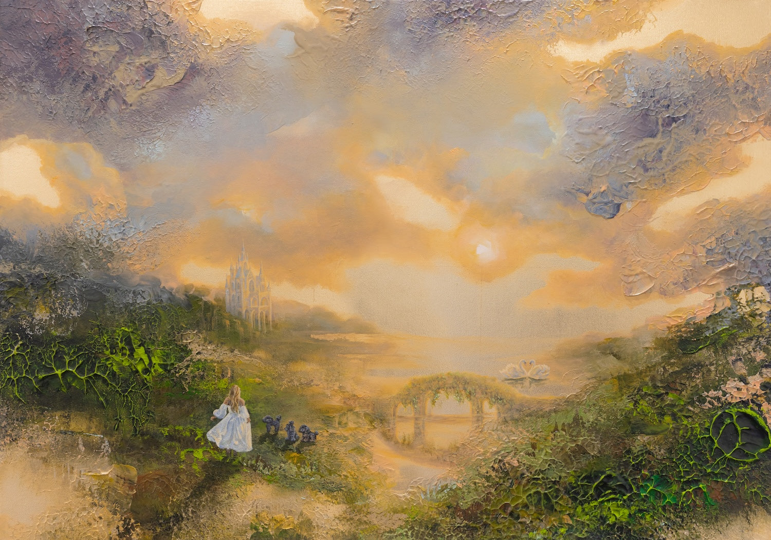 Fine art print of a semi-abstract fantasy landscape featuring a woman in a white dress, a tranquil lake, swans and a distant castle beneath a glowing sunset.