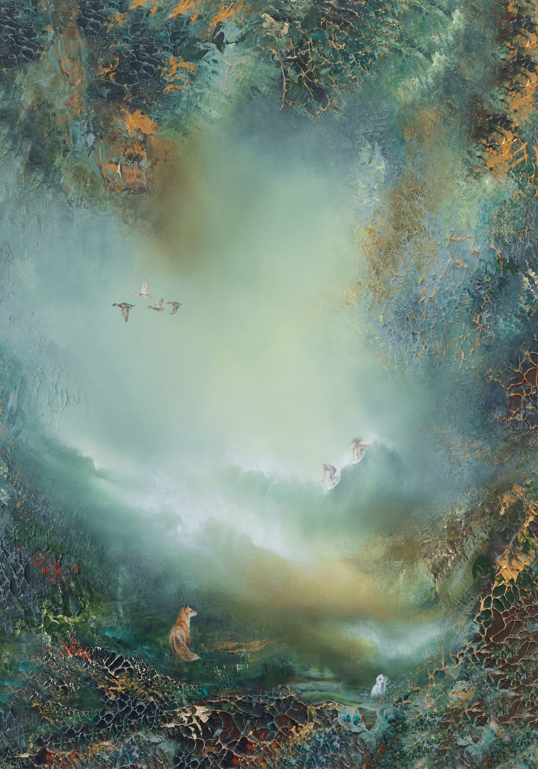 Fine art print of a semi-abstract lanscape featuring a fox, birds and soft glowing light and surfers on the back