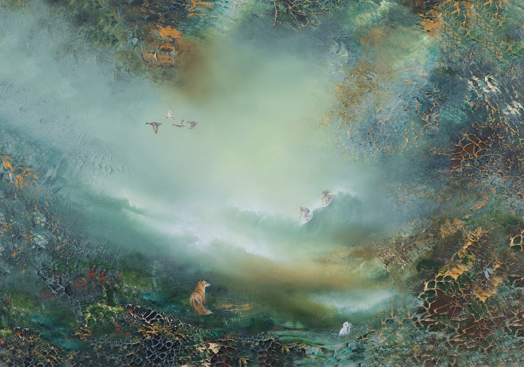 Fine art print of a semi-abstract lanscape featuring a fox, birds and soft glowing light and surfers on the back