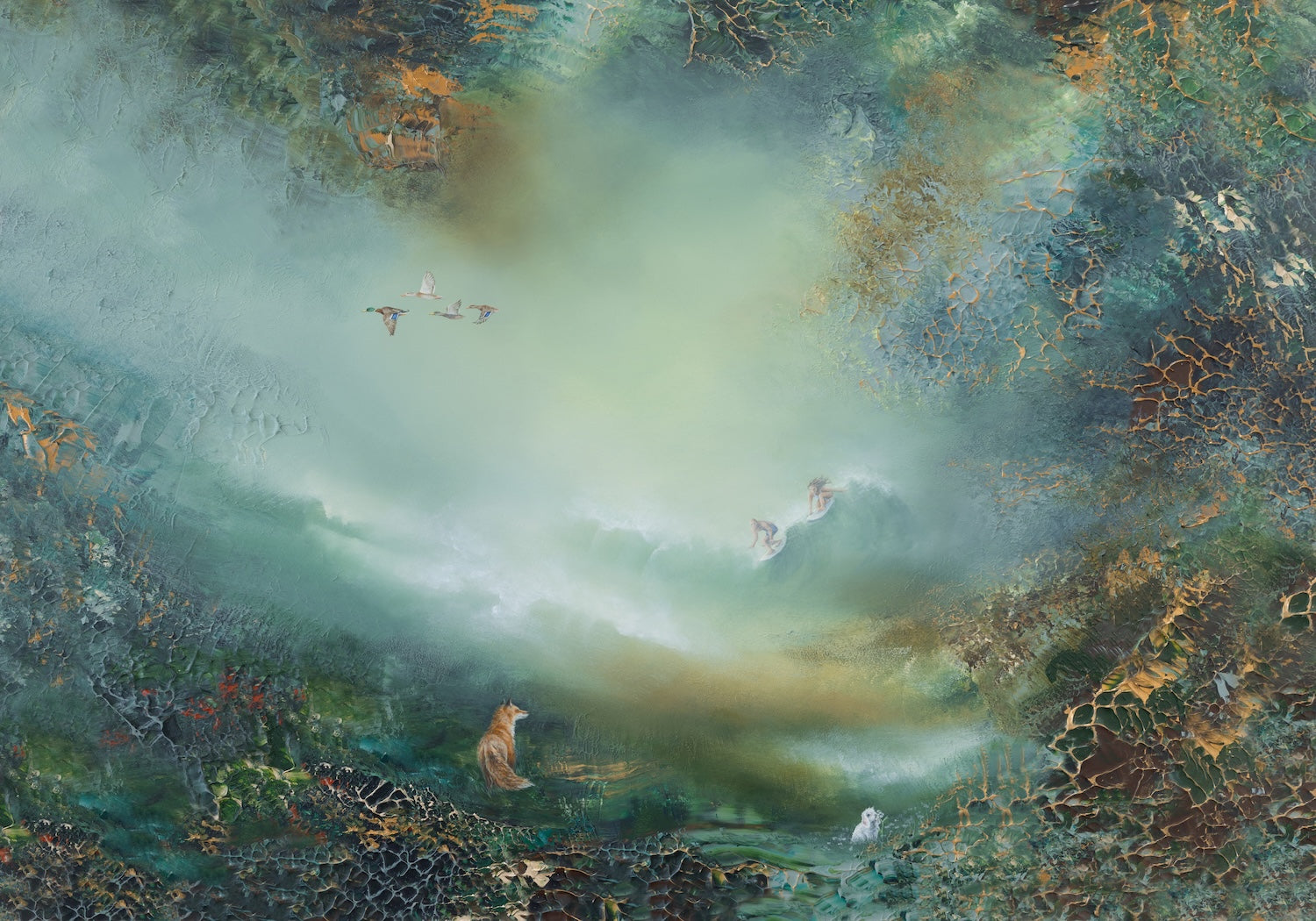 Fine art print of a semi-abstract lanscape featuring a fox, birds and soft glowing light and surfers on the back
