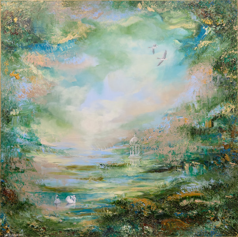 Semi-abstract original painting of a peaceful park landscape with a pond, swans and birds surrounded by lush greenery.