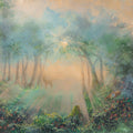 Fine art print of a semi-abstract forest with rays of sunlight, a deer and foxes among the trees.