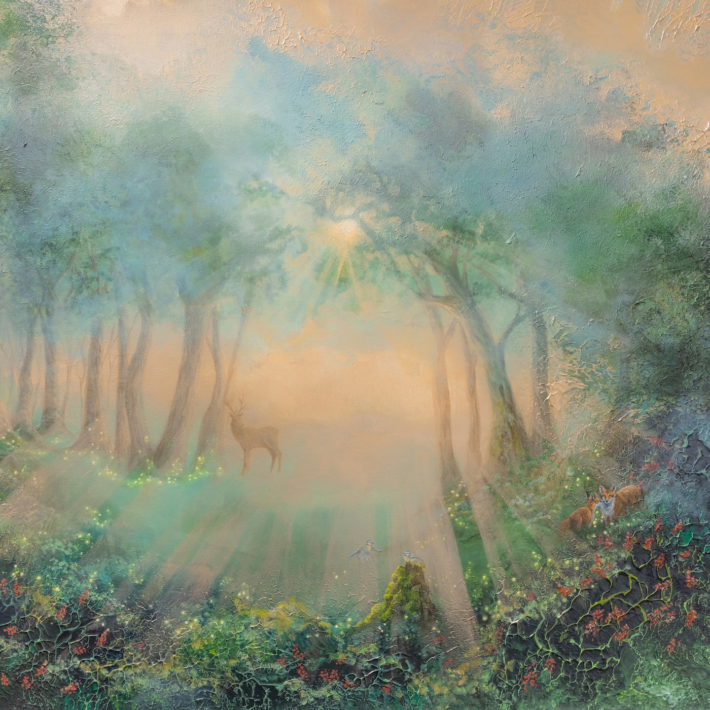 Fine art print of a semi-abstract forest with rays of sunlight, a deer and foxes among the trees.