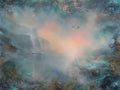 Fine art print of a semi-abstract landscape featuring a waterfall, birds and soft rays of light.