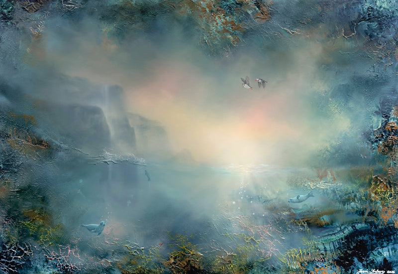 Semi-abstract painting of a under water world with a seacreatures.