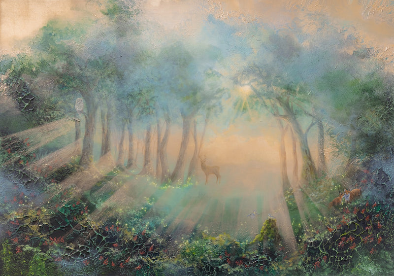 Semi-abstract original painting of a forest with sunlight streaming through the trees, featuring deer and foxes.