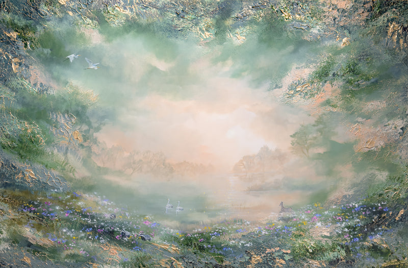 Semi-abstract original painting of a misty meadow at dawn with wildflowers, birds and soft morning light.