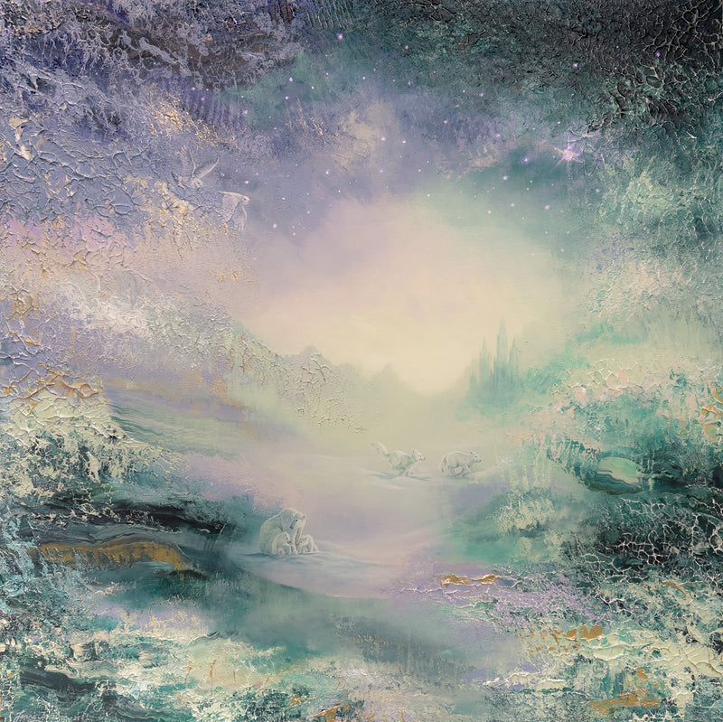 Semi-abstract original painting of a snowy winter landscape with mist, deer and icy textures.