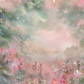 Fine art print of a semi-abstract floral landscape featuring deer, wildflowers and soft pink mist.