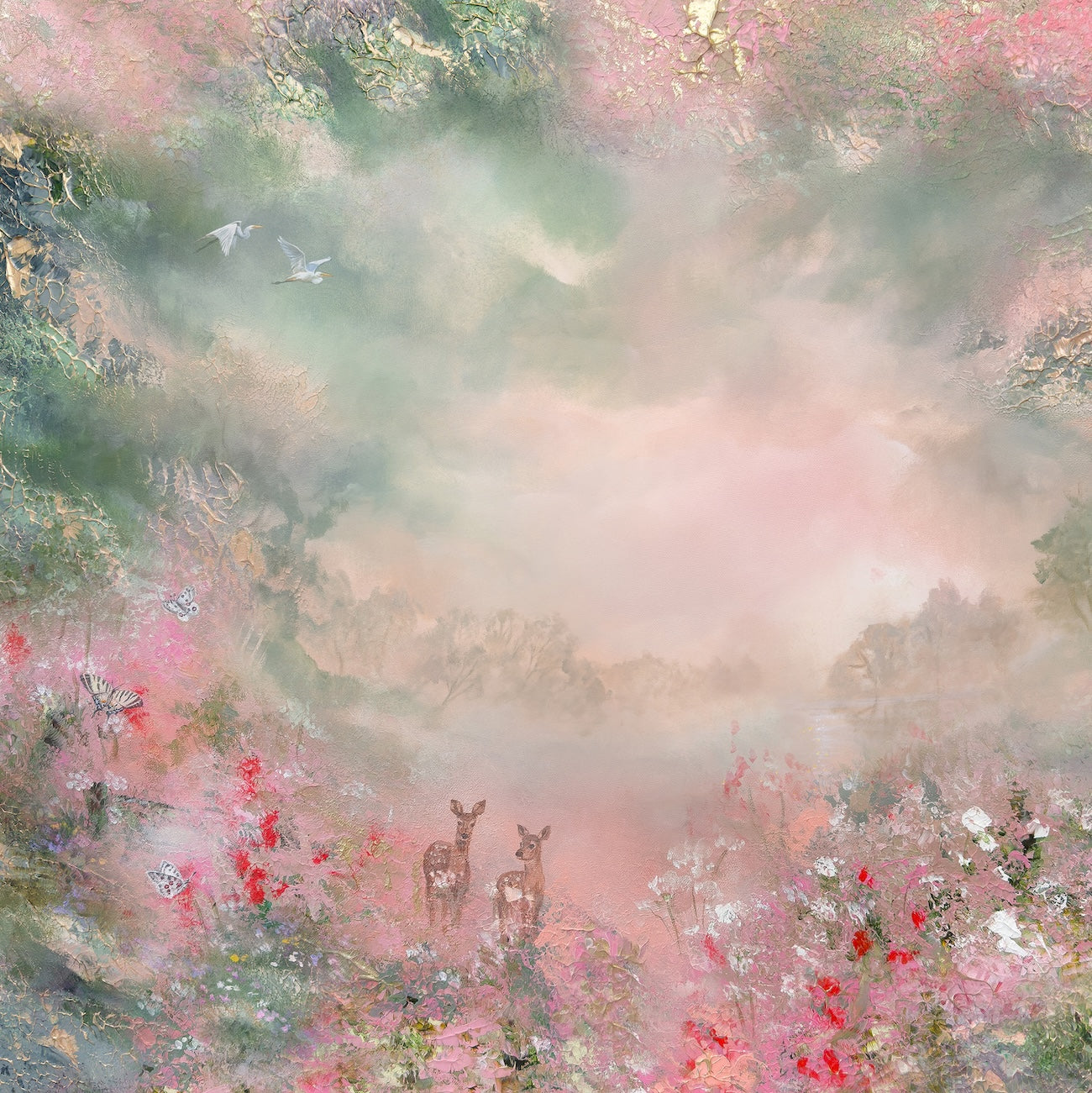 Fine art print of a semi-abstract floral landscape featuring deer, wildflowers and soft pink mist.