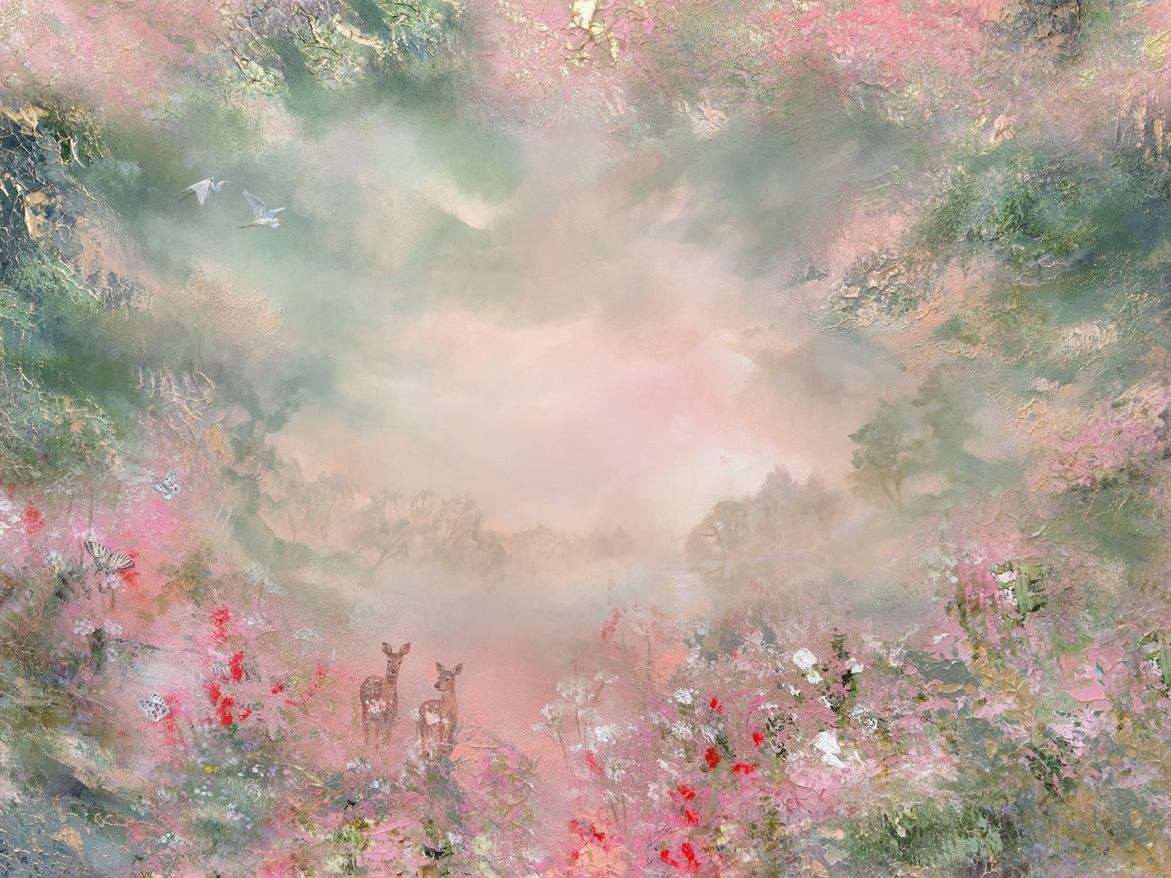 Fine art print of a semi-abstract floral landscape featuring deer, wildflowers and soft pink mist.