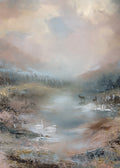 Semi-abstract landscape painting of a wilderness with deer, swans and a peaceful pond.