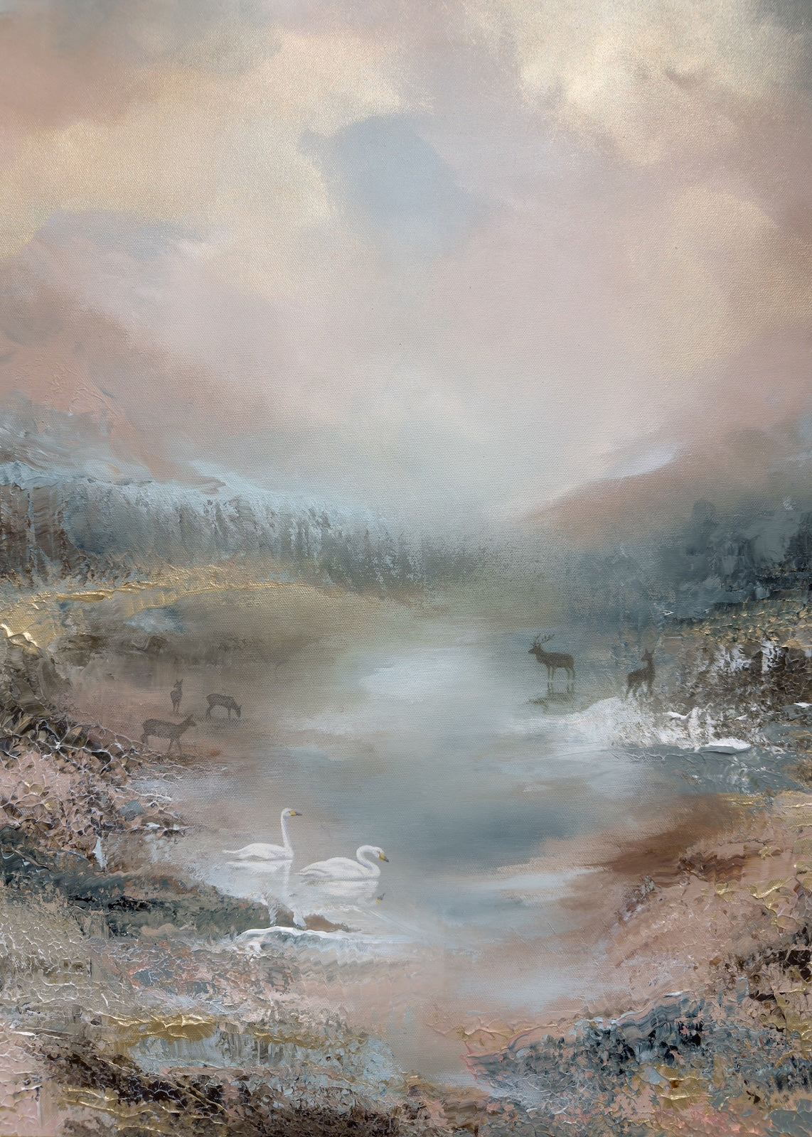 Semi-abstract landscape painting of a wilderness with deer, swans and a peaceful pond.