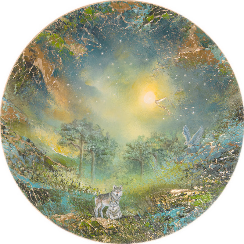 Semi-abstract original painting of a moonlit forest featuring a wolf beneath a glowing full moon with birds in flight.
