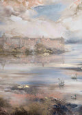 Semi-abstract original painting inspired by Tokoinranta in Helsinki, featuring two swans and a duck swimming in the bay, with the surrounding buildings in the background and shimmering details.