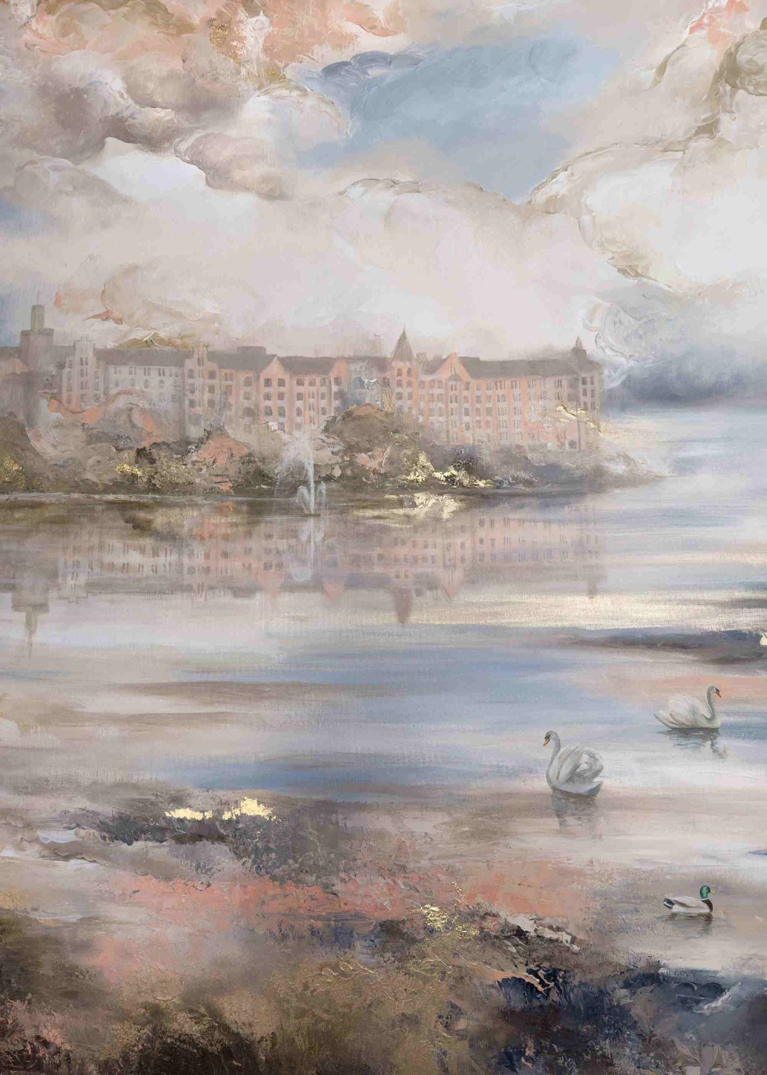 Semi-abstract original painting inspired by Tokoinranta in Helsinki, featuring two swans and a duck swimming in the bay, with the surrounding buildings in the background and shimmering details.