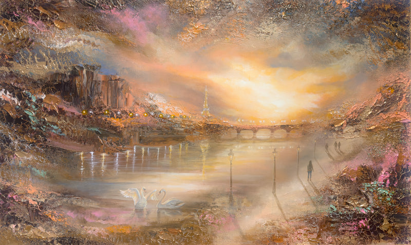 Semi-abstract original painting of a glowing riverside cityscape of Paris with swans on calm water at sunset.