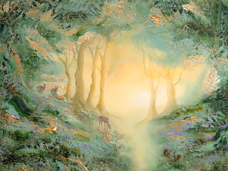 Semi-abstract original painting of a magical forest with glowing light, deer and wildflowers.
