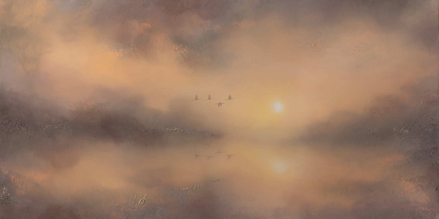 Fine art print of a semi-abstract sunset reflected on calm water beneath soft clouds.